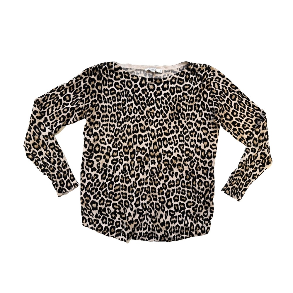 Chico's Sweater Womens Small Leopard Print Long Sleeve Crewneck Pullover‎ Knit
